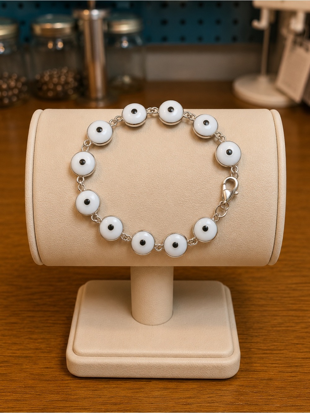 White Evil Eye Bead Bracelet - Pink 925 Sterling Silver